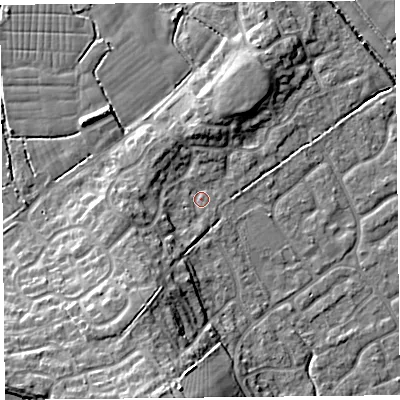 Shaded relief map of the ground around BS229TS, computed from Environment Agency LiDAR. The ground here sits at about 6 m above sea level and falls 14 m across the surrounding 800 m. Surface water reaching this point runs off ground lying to the south-south-west, 7.6 m higher.