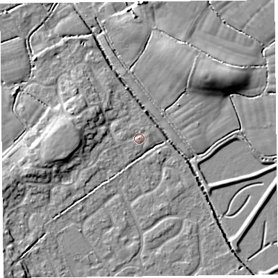 Shaded relief map of the ground around BS229TW, computed from Environment Agency LiDAR. The ground here sits at about 6 m above sea level and falls 8 m across the surrounding 800 m. Surface water reaching this point runs off ground lying to the north, 0.7 m higher.