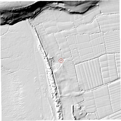 Shaded relief map of the ground around BS229UD, computed from Environment Agency LiDAR. The ground here sits at about 6 m above sea level and falls 44 m across the surrounding 800 m. Surface water reaching this point runs off ground lying to the south-west, 7.0 m higher.