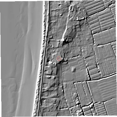 Shaded relief map of the ground around BS229UE, computed from Environment Agency LiDAR. The ground here sits at about 8 m above sea level and falls 10 m across the surrounding 800 m. The ground contributing surface water to this point lies to the south-east.