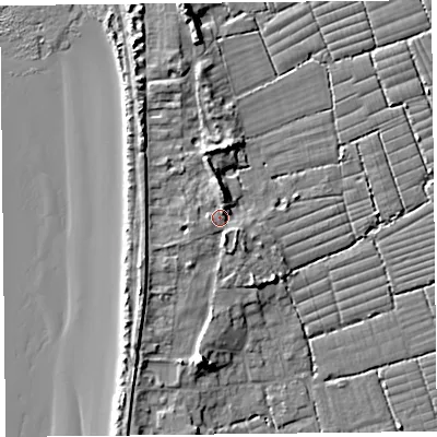 Shaded relief map of the ground around BS229UF, computed from Environment Agency LiDAR. The ground here sits at about 9 m above sea level and falls 10 m across the surrounding 800 m. Surface water reaching this point runs off ground lying to the west-south-west, 1.1 m higher.