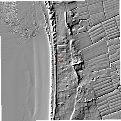 Shaded relief map of the ground around BS229UG, computed from Environment Agency LiDAR. The ground here sits at about 9 m above sea level and falls 10 m across the surrounding 800 m. Surface water reaching this point runs off ground lying to the south-east, 4.4 m higher.