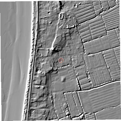 Shaded relief map of the ground around BS229UH, computed from Environment Agency LiDAR. The ground here sits at about 6 m above sea level and falls 10 m across the surrounding 800 m. Surface water reaching this point runs off ground lying to the north-north-west, 7.2 m higher.