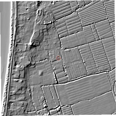 Shaded relief map of the ground around BS229UJ, computed from Environment Agency LiDAR. The ground here sits at about 6 m above sea level and falls 9 m across the surrounding 800 m. Surface water reaching this point runs off ground lying to the west-north-west, 0.9 m higher.