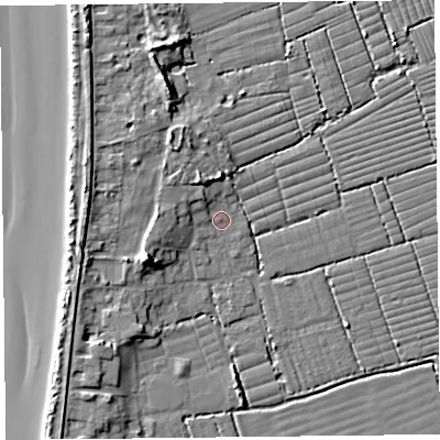 Shaded relief map of the ground around BS229UN, computed from Environment Agency LiDAR. The ground here sits at about 6 m above sea level and falls 9 m across the surrounding 800 m. Surface water reaching this point runs off ground lying to the west, 3.5 m higher.