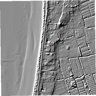 Shaded relief map of the ground around BS229UP, computed from Environment Agency LiDAR. The ground here sits at about 9 m above sea level and falls 10 m across the surrounding 800 m. Surface water reaching this point runs off ground lying to the south-south-east, 1.0 m higher.