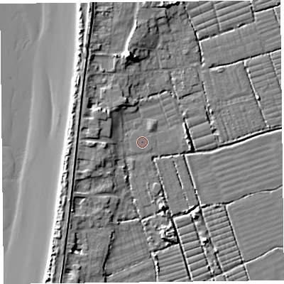 Shaded relief map of the ground around BS229UR, computed from Environment Agency LiDAR. The ground here sits at about 6 m above sea level and falls 10 m across the surrounding 800 m. The ground contributing surface water to this point lies to the south-west.