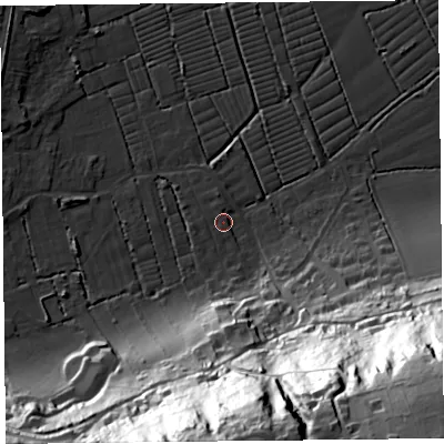 Shaded relief map of the ground around BS229US, computed from Environment Agency LiDAR. The ground here sits at about 6 m above sea level and falls 87 m across the surrounding 800 m. Surface water reaching this point runs off ground lying to the south-south-east, 79.2 m higher.