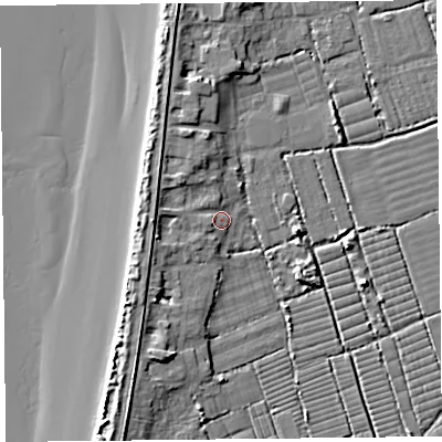 Shaded relief map of the ground around BS229UT, computed from Environment Agency LiDAR. The ground here sits at about 7 m above sea level and falls 8 m across the surrounding 800 m. Surface water reaching this point runs off ground lying to the west, 2.0 m higher.