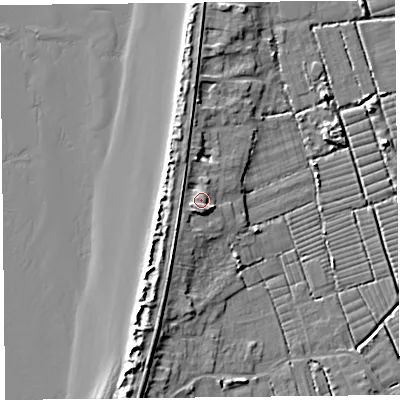 Shaded relief map of the ground around BS229UU, computed from Environment Agency LiDAR. The ground here sits at about 9 m above sea level and falls 9 m across the surrounding 800 m. Surface water reaching this point runs off ground lying to the south-west, 2.6 m higher.