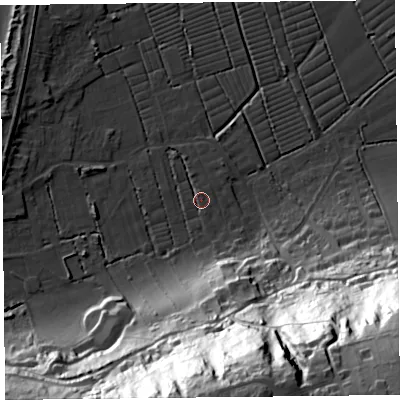 Shaded relief map of the ground around BS229UX, computed from Environment Agency LiDAR. The ground here sits at about 6 m above sea level and falls 87 m across the surrounding 800 m. Surface water reaching this point runs off ground lying to the north-north-west, 1.4 m higher.