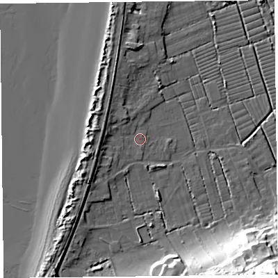 Shaded relief map of the ground around BS229UY, computed from Environment Agency LiDAR. The ground here sits at about 7 m above sea level and falls 39 m across the surrounding 800 m. Surface water reaching this point runs off ground lying to the west-north-west, 4.5 m higher.
