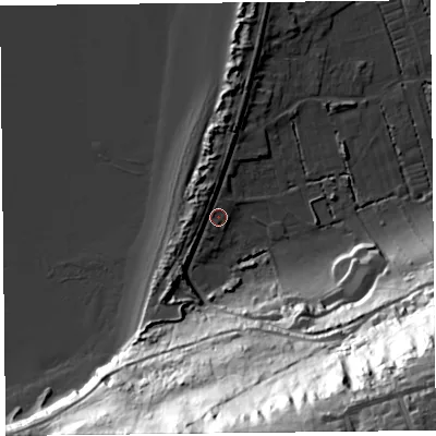 Shaded relief map of the ground around BS229UZ, computed from Environment Agency LiDAR. The ground here sits at about 8 m above sea level and falls 88 m across the surrounding 800 m. Surface water reaching this point runs off ground lying to the west-south-west, 3.3 m higher.