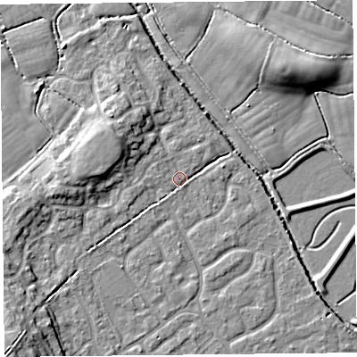 Shaded relief map of the ground around BS229WA, computed from Environment Agency LiDAR. The ground here sits at about 6 m above sea level and falls 10 m across the surrounding 800 m. Surface water reaching this point runs off ground lying to the west-north-west, 4.9 m higher.