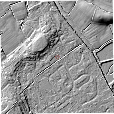 Shaded relief map of the ground around BS229WB, computed from Environment Agency LiDAR. The ground here sits at about 6 m above sea level and falls 10 m across the surrounding 800 m. Surface water reaching this point runs off ground lying to the north-north-west, 4.7 m higher.