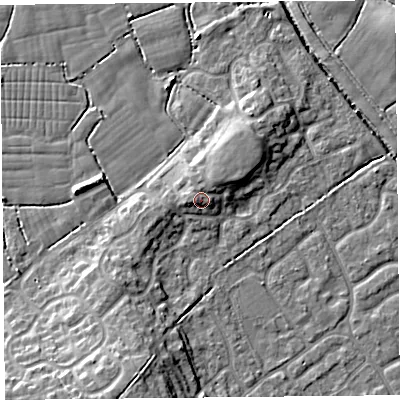 Shaded relief map of the ground around BS229WE, computed from Environment Agency LiDAR. The ground here sits at about 9 m above sea level and falls 10 m across the surrounding 800 m. Surface water reaching this point runs off ground lying to the north, 0.8 m higher.