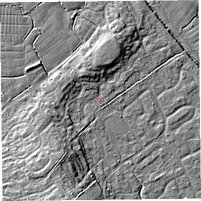 Shaded relief map of the ground around BS229WF, computed from Environment Agency LiDAR. The ground here sits at about 6 m above sea level and falls 13 m across the surrounding 800 m. Surface water reaching this point runs off ground lying to the south-west, 8.9 m higher.