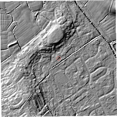 Shaded relief map of the ground around BS229WG, computed from Environment Agency LiDAR. The ground here sits at about 6 m above sea level and falls 12 m across the surrounding 800 m. Surface water reaching this point runs off ground lying to the west, 0.9 m higher.