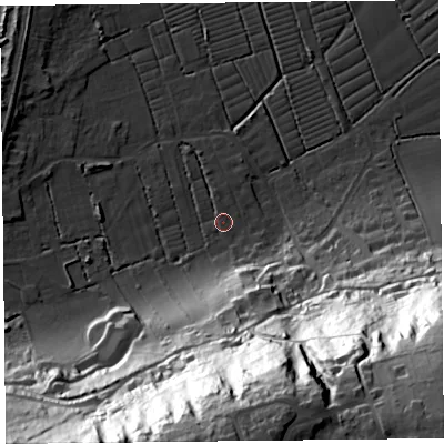 Shaded relief map of the ground around BS229WP, computed from Environment Agency LiDAR. The ground here sits at about 6 m above sea level and falls 87 m across the surrounding 800 m. Surface water reaching this point runs off ground lying to the south-south-east, 79.0 m higher.