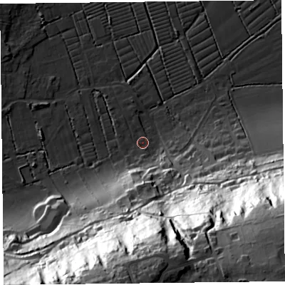Shaded relief map of the ground around BS229WQ, computed from Environment Agency LiDAR. The ground here sits at about 6 m above sea level and falls 89 m across the surrounding 800 m. Surface water reaching this point runs off ground lying to the south, 80.6 m higher.