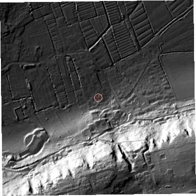 Shaded relief map of the ground around BS229WR, computed from Environment Agency LiDAR. The ground here sits at about 7 m above sea level and falls 91 m across the surrounding 800 m. Surface water reaching this point runs off ground lying to the south, 20.2 m higher.