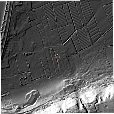 Shaded relief map of the ground around BS229WU, computed from Environment Agency LiDAR. The ground here sits at about 6 m above sea level and falls 84 m across the surrounding 800 m. Surface water reaching this point runs off ground lying to the south-south-east, 1.9 m higher.