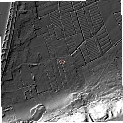 Shaded relief map of the ground around BS229WW, computed from Environment Agency LiDAR. The ground here sits at about 7 m above sea level and falls 80 m across the surrounding 800 m. Surface water reaching this point runs off ground lying to the east, 0.9 m higher.