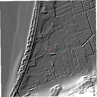 Shaded relief map of the ground around BS229XB, computed from Environment Agency LiDAR. The ground here sits at about 6 m above sea level and falls 56 m across the surrounding 800 m. Surface water reaching this point runs off ground lying to the west-north-west, 0.8 m higher.