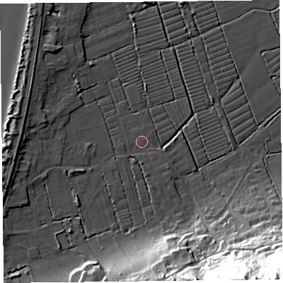 Shaded relief map of the ground around BS229XE, computed from Environment Agency LiDAR. The ground here sits at about 6 m above sea level and falls 71 m across the surrounding 800 m. The ground contributing surface water to this point lies to the north-east.