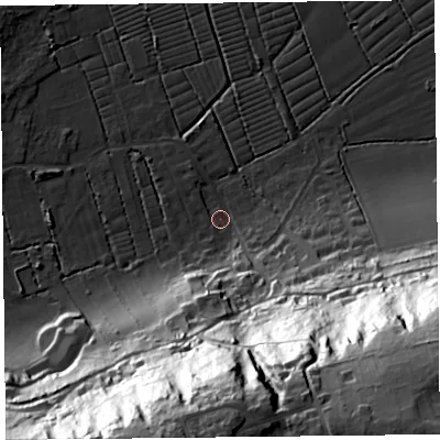 Shaded relief map of the ground around BS229XF, computed from Environment Agency LiDAR. The ground here sits at about 6 m above sea level and falls 90 m across the surrounding 800 m. Surface water reaching this point runs off ground lying to the south, 81.2 m higher.