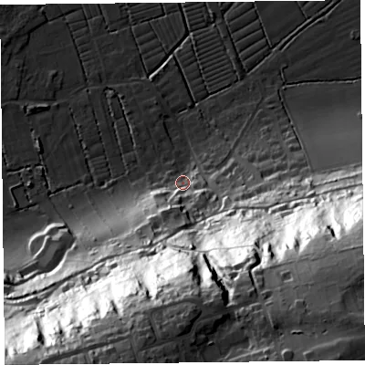 Shaded relief map of the ground around BS229XJ, computed from Environment Agency LiDAR. The ground here sits at about 9 m above sea level and falls 92 m across the surrounding 800 m. Surface water reaching this point runs off ground lying to the south-south-east, 84.9 m higher.