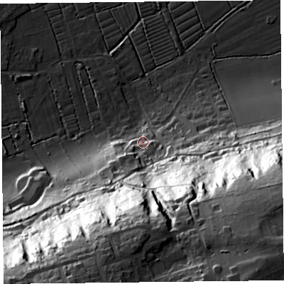 Shaded relief map of the ground around BS229XL, computed from Environment Agency LiDAR. The ground here sits at about 13 m above sea level and falls 92 m across the surrounding 800 m. Surface water reaching this point runs off ground lying to the south-south-east, 83.7 m higher.