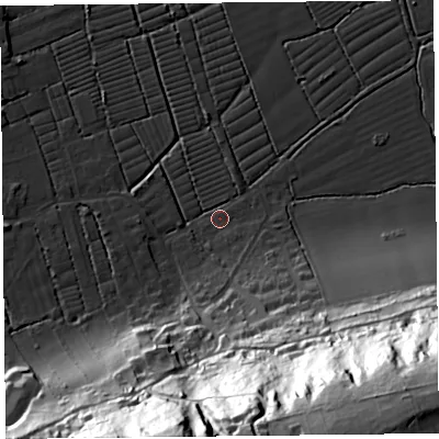 Shaded relief map of the ground around BS229XP, computed from Environment Agency LiDAR. The ground here sits at about 6 m above sea level and falls 83 m across the surrounding 800 m. Surface water reaching this point runs off ground lying to the south-south-east, 2.8 m higher.