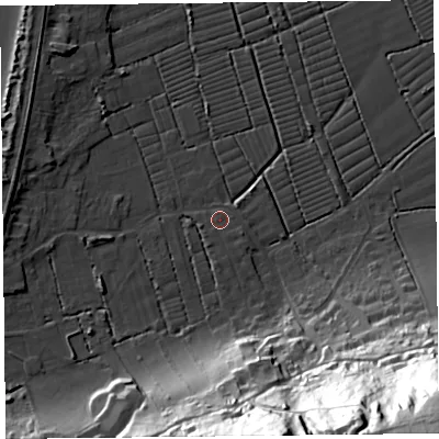 Shaded relief map of the ground around BS229XQ, computed from Environment Agency LiDAR. The ground here sits at about 6 m above sea level and falls 81 m across the surrounding 800 m. Surface water reaching this point runs off ground lying to the south-east, 1.1 m higher.