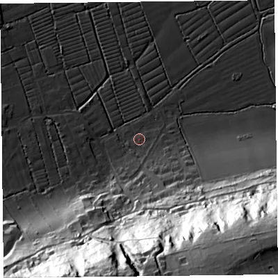 Shaded relief map of the ground around BS229XR, computed from Environment Agency LiDAR. The ground here sits at about 6 m above sea level and falls 86 m across the surrounding 800 m. Surface water reaching this point runs off ground lying to the south-south-east, 5.9 m higher.