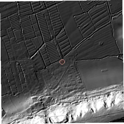 Shaded relief map of the ground around BS229XS, computed from Environment Agency LiDAR. The ground here sits at about 6 m above sea level and falls 83 m across the surrounding 800 m. Surface water reaching this point runs off ground lying to the south, 2.5 m higher.