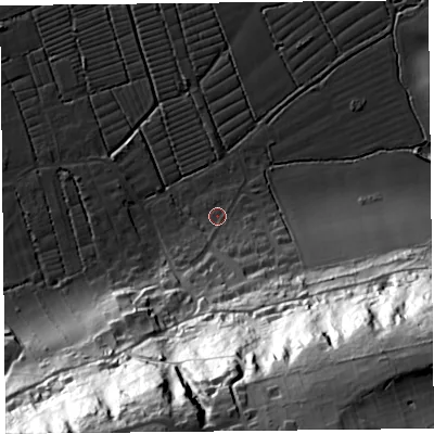 Shaded relief map of the ground around BS229XT, computed from Environment Agency LiDAR. The ground here sits at about 7 m above sea level and falls 87 m across the surrounding 800 m. Surface water reaching this point runs off ground lying to the south-south-east, 27.5 m higher.