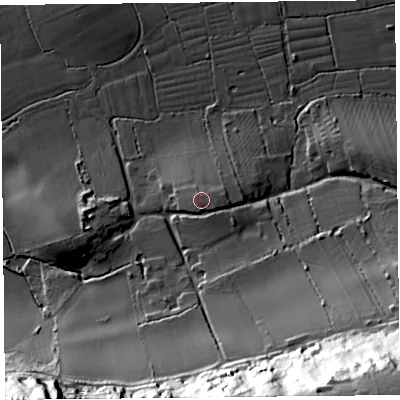 Shaded relief map of the ground around BS229YR, computed from Environment Agency LiDAR. The ground here sits at about 16 m above sea level and falls 78 m across the surrounding 800 m. Surface water reaching this point runs off ground lying to the east-south-east, 1.1 m higher.