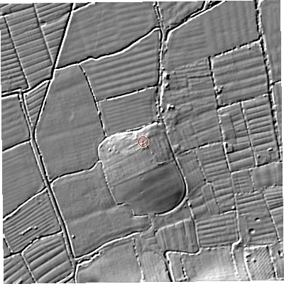 Shaded relief map of the ground around BS229YT, computed from Environment Agency LiDAR. The ground here sits at about 8 m above sea level and falls 6 m across the surrounding 800 m. Surface water reaching this point runs off ground lying to the south, 1.5 m higher.