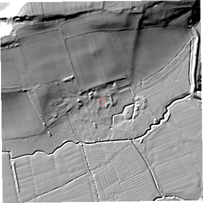 Shaded relief map of the ground around BS229YU, computed from Environment Agency LiDAR. The ground here sits at about 8 m above sea level and falls 38 m across the surrounding 800 m. Surface water reaching this point runs off ground lying to the north-north-west, 30.5 m higher.
