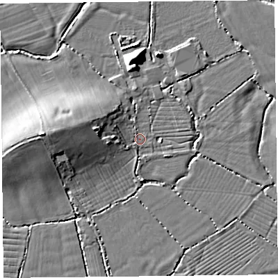Shaded relief map of the ground around BS229YX, computed from Environment Agency LiDAR. The ground here sits at about 6 m above sea level and falls 10 m across the surrounding 800 m. Surface water reaching this point runs off ground lying to the west-north-west, 6.0 m higher.