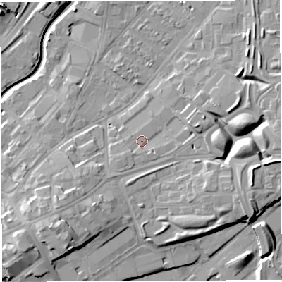 Shaded relief map of the ground around BS22AS, computed from Environment Agency LiDAR. The ground here sits at about 14 m above sea level and falls 18 m across the surrounding 800 m. Surface water reaching this point runs off ground lying to the south-west, 8.9 m higher.
