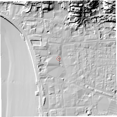 Shaded relief map of the ground around BS231AB, computed from Environment Agency LiDAR. The ground here sits at about 8 m above sea level and falls 36 m across the surrounding 800 m. Surface water reaching this point runs off ground lying to the west-south-west, 2.4 m higher.
