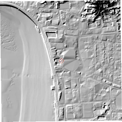 Shaded relief map of the ground around BS231AH, computed from Environment Agency LiDAR. The ground here sits at about 8 m above sea level and falls 25 m across the surrounding 800 m. Surface water reaching this point runs off ground lying to the north-west, 1.6 m higher.