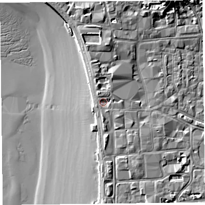 Shaded relief map of the ground around BS231AJ, computed from Environment Agency LiDAR. The ground here sits at about 8 m above sea level and falls 13 m across the surrounding 800 m. Surface water reaching this point runs off ground lying to the south-east, 1.2 m higher.