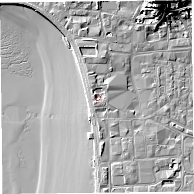 Shaded relief map of the ground around BS231AN, computed from Environment Agency LiDAR. The ground here sits at about 8 m above sea level and falls 25 m across the surrounding 800 m. Surface water reaching this point runs off ground lying to the north-north-west, 1.6 m higher.
