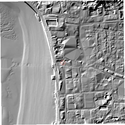Shaded relief map of the ground around BS231AP, computed from Environment Agency LiDAR. The ground here sits at about 8 m above sea level and falls 13 m across the surrounding 800 m. Surface water reaching this point runs off ground lying to the south-east, 1.2 m higher.