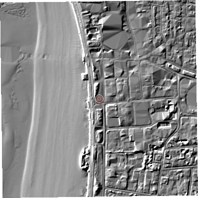 Shaded relief map of the ground around BS231AT, computed from Environment Agency LiDAR. The ground here sits at about 8 m above sea level and falls 9 m across the surrounding 800 m. Surface water reaching this point runs off ground lying to the south-east, 1.8 m higher.