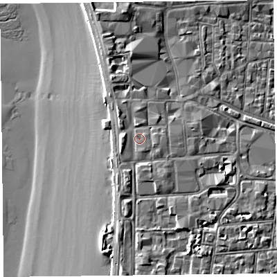 Shaded relief map of the ground around BS231AU, computed from Environment Agency LiDAR. The ground here sits at about 9 m above sea level and falls 9 m across the surrounding 800 m. Surface water reaching this point runs off ground lying to the west, 1.3 m higher.