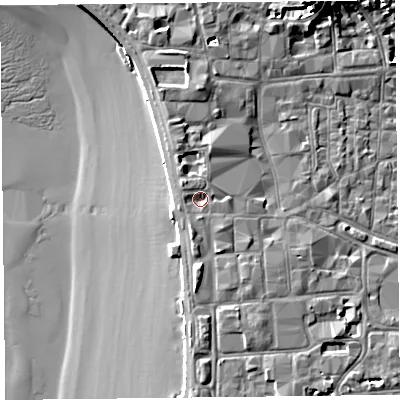 Shaded relief map of the ground around BS231AW, computed from Environment Agency LiDAR. The ground here sits at about 8 m above sea level and falls 14 m across the surrounding 800 m. Surface water reaching this point runs off ground lying to the south-east, 1.2 m higher.